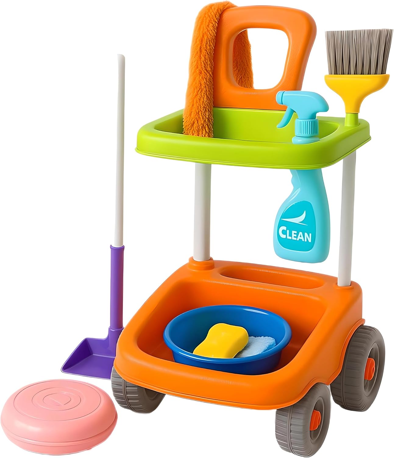 Kids Pretend Play Cleaning Set - Housekeeping Simulation Toy With Cleaning Cart, Robot Vacuum Cleaner, Broom, Dustpan, Brush, And Accessories