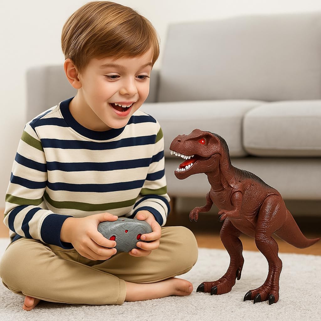 72 Pieces Remote Control Trex Dinosaur Toys with Rolling Legs (Glowing Eyes – Sounds and Light – Brown)
