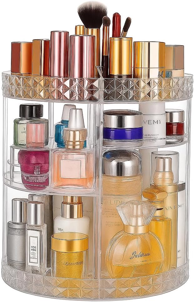 72 Pieces Rotating Makeup Organizers (Large Perfume Cosmetics Organizer – Beauty Organizer – Clear – 7 Layers – Detachable Shelves – for Bedroom Dresser or Vanity Countertop)