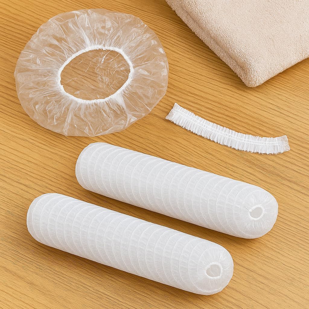 120 Pieces 100PCS Disposable Shower Caps (Larger & Thicker Waterproof Elastic Hair Bath Cap – Premium Quality for Spa – Salon – Home Use – Travel – Protects Hair from Water & Moisture)