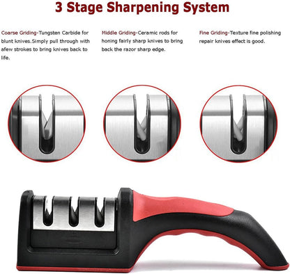 Knife and Scissor Sharpeners, 3 Stage, 3-in-1, Non-Slip Grip, For Knives, Red