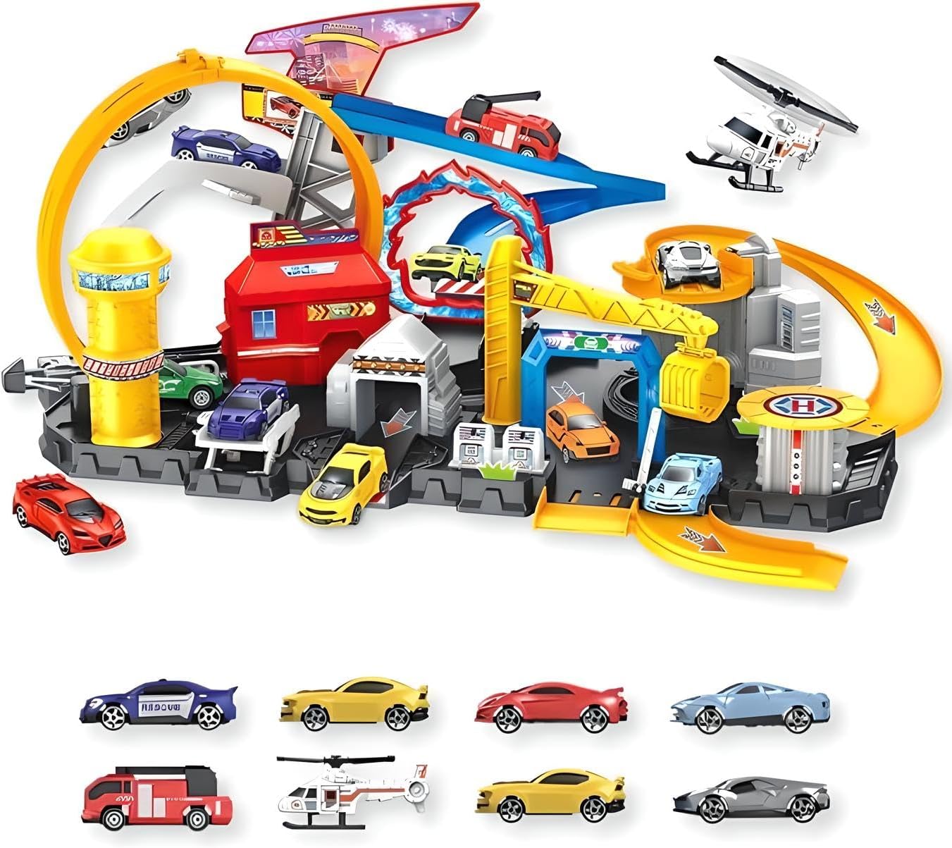 Hot Cars Rescue Center Fire Station Playset with 3 Die-Cast Cars, Helicopter, Light-Up Features & Roller Coaster Track