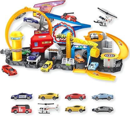 Hot Cars Rescue Center Fire Station Playset with 3 Die-Cast Cars, Helicopter, Light-Up Features & Roller Coaster Track