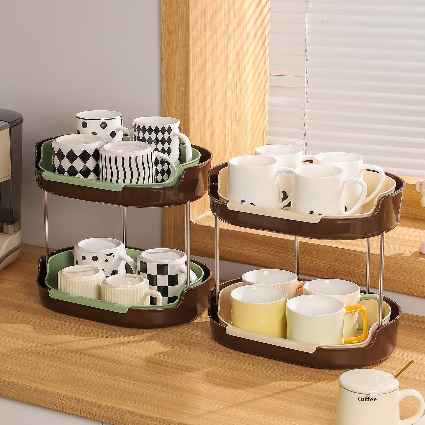 Double Layered Cup Storage Rack – Space-Saving Cream & Brown Design – 2-Tier PP & Stainless Steel