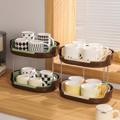 Double Layered Cup Storage Rack – Space-Saving Cream & Brown Design – 2-Tier PP & Stainless Steel