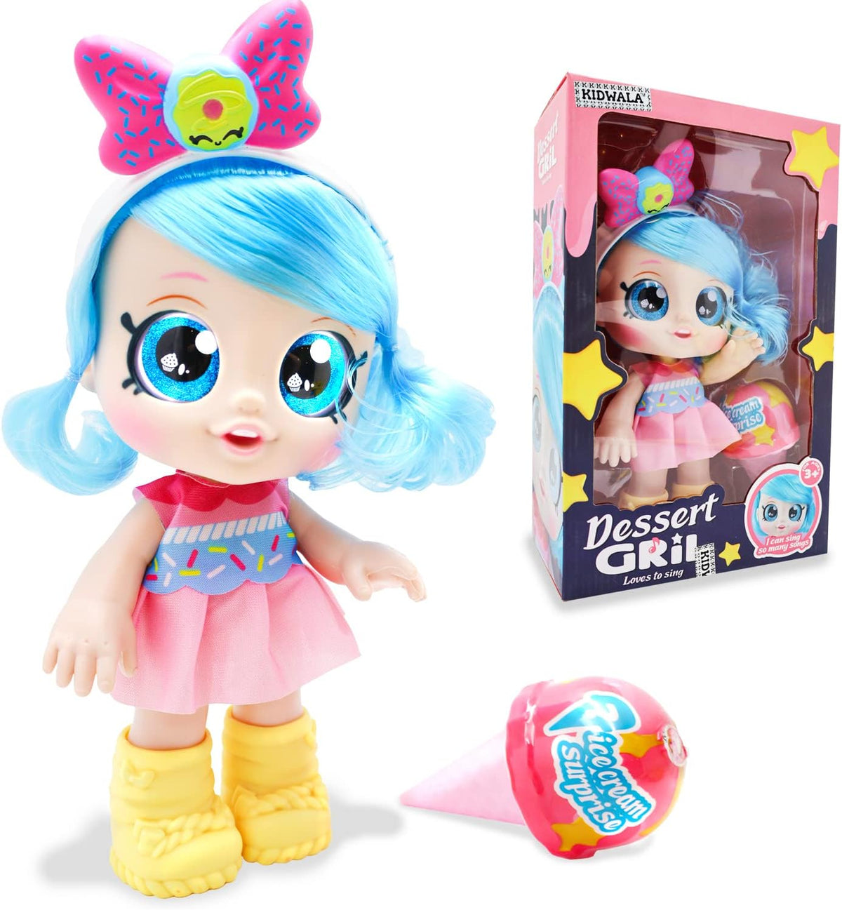 72 Pieces pretty stylish modern dolls with yellow boots (large blue eyes – Dolls blue hair with battery – singing doll toy ice cream blind box surprise 12-inch toy for girls)