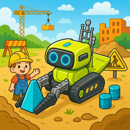 Interactive Remote Control Forklift Robot Toy for Kids - Cute Design with Joystick Remote, Cube & Cone Accessories for Fun and Learning