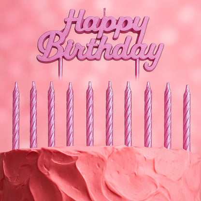 Pink Birthday Cake Candles Set – 10 Spiral Candles & Happy Birthday Cake Topper for Kids Parties, Decoration, and Birthday Celebration