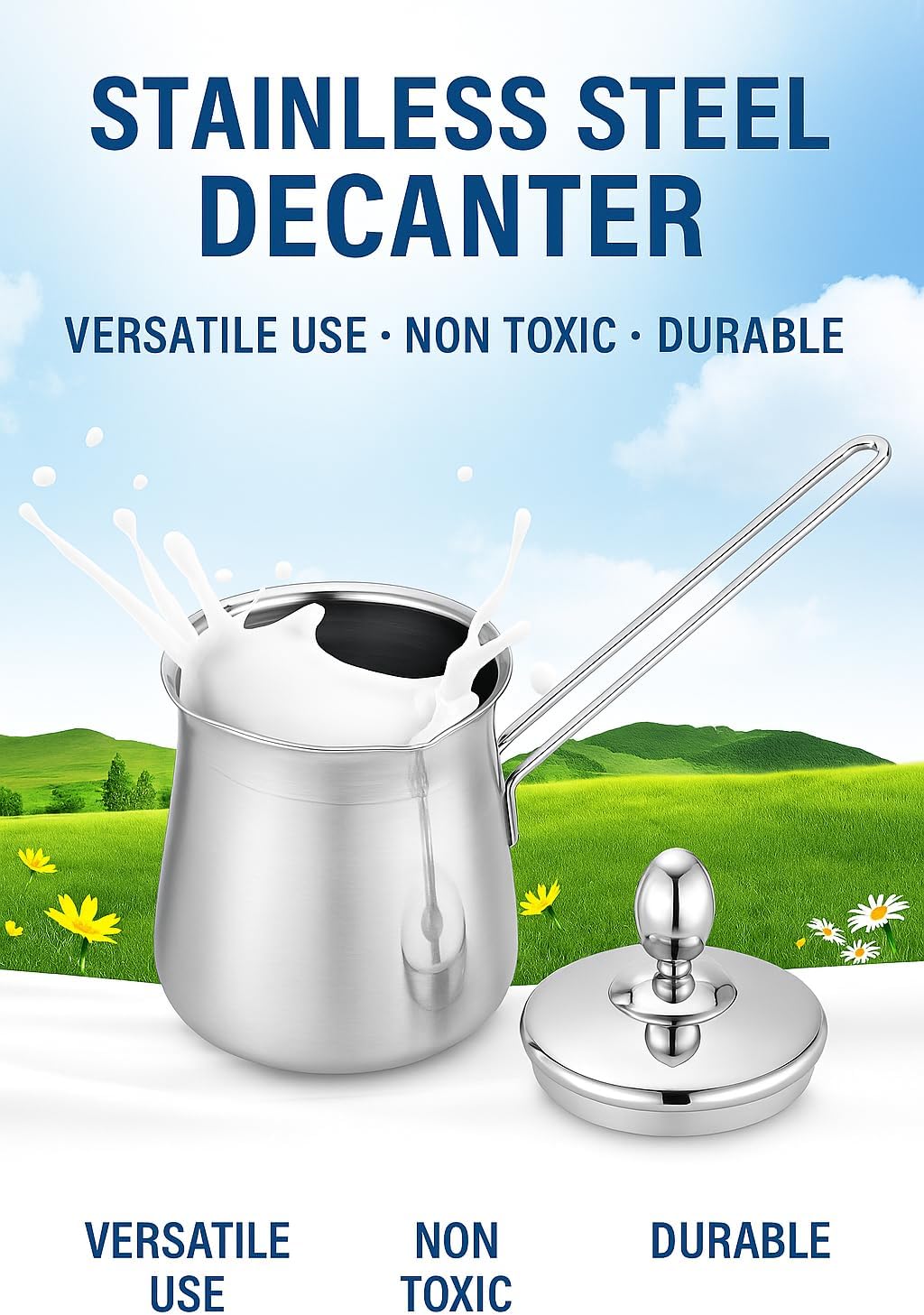 Milk Jug, Turkish Coffee Pot, Long Handle, Stainless Steel, With Lid, Induction, 750ml