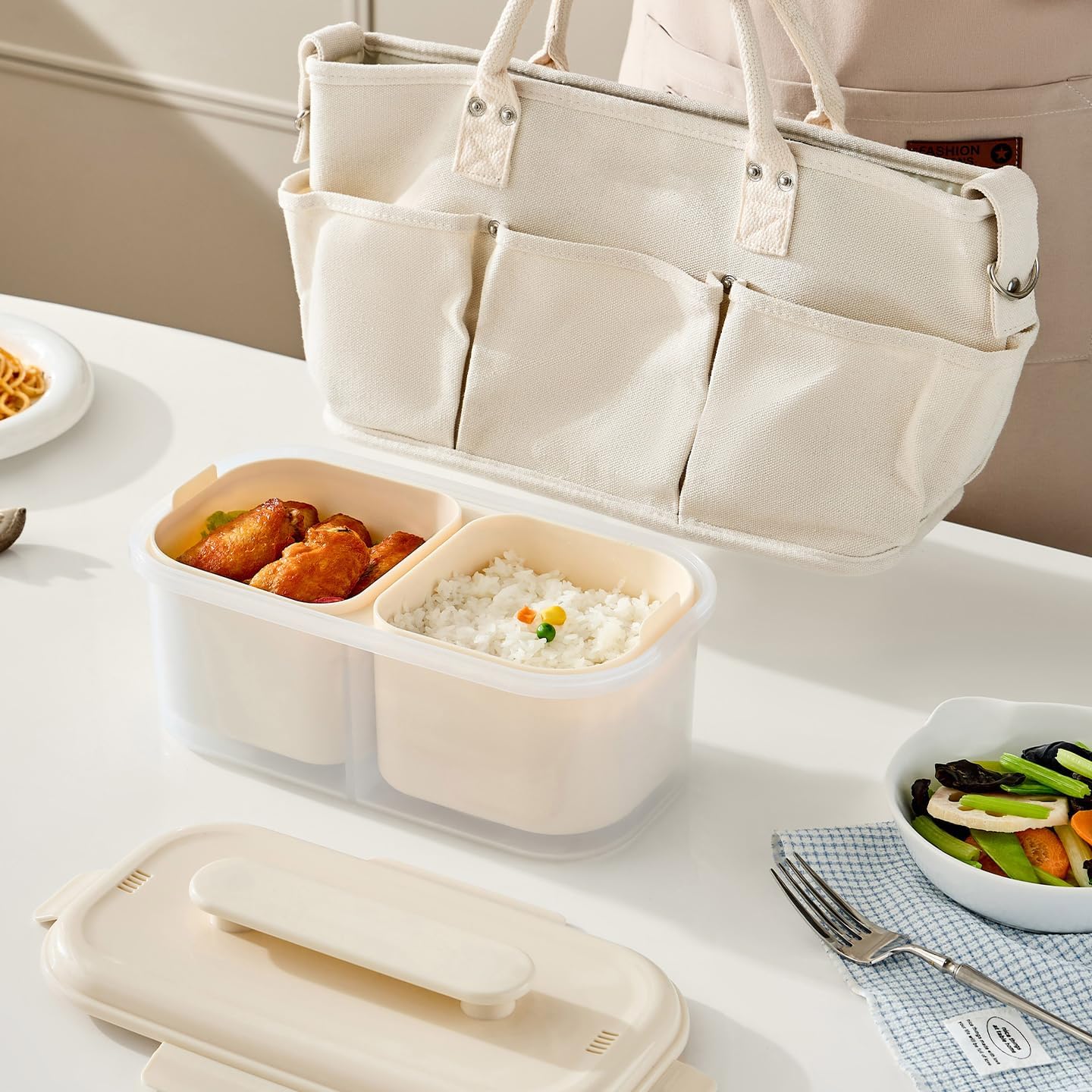 72 Pieces Double-Compartment Lunch Boxes (1400ML Capacity – Cream Color)