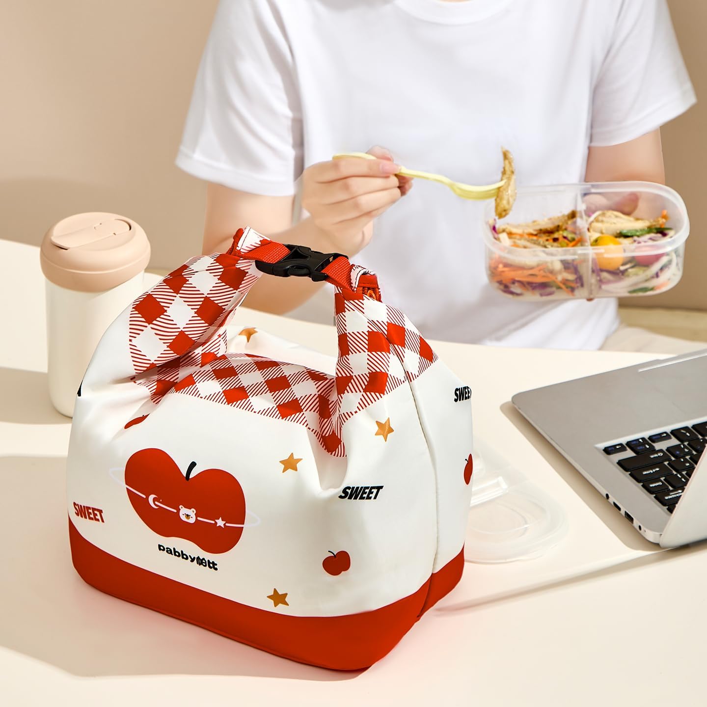 96 Pieces 10L Insulated Waterproof Rice Bags (Large Red Grid Apple Bear – Polyester + Aluminum Film)