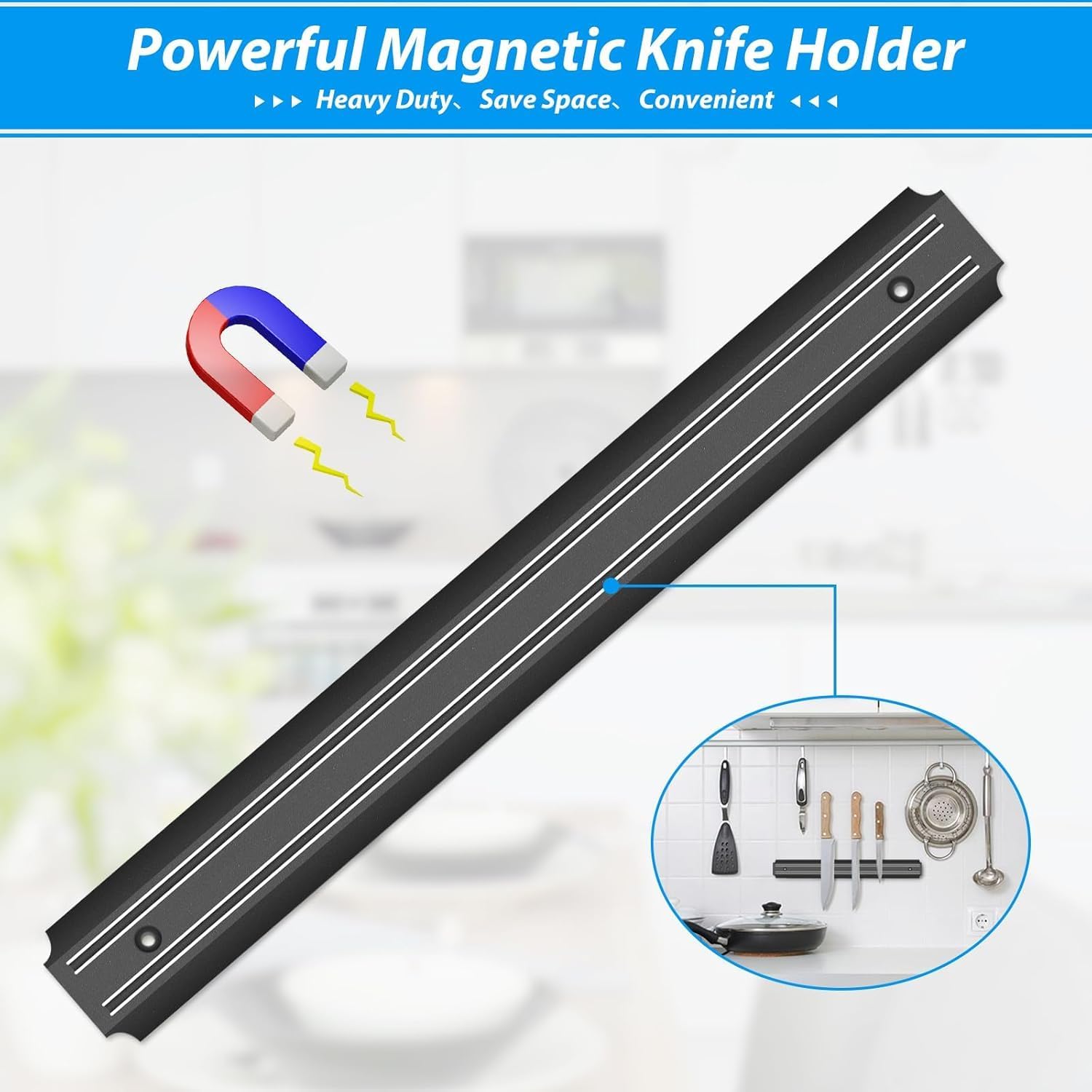 96 Pieces 15 Inch Magnetic Knife Holder Set of 2s (Black Powerful Magnetic Knife Strip for Wall Mount – Space-Saving Magnetic Knife Rack with Screws for Kitchen Tools Utensils)