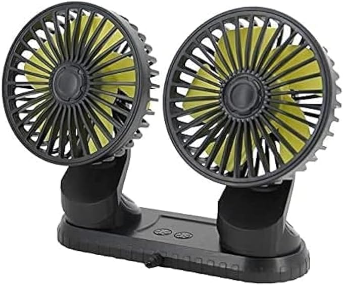 FITTO Dual Head Car Fan 5V USB Electric Cooling Fan, 3-Speed 360° Rotating Air Circulator, Dashboard Mounted, Energy-Efficient with Aromatherapy Tablets for Car, Home, Office