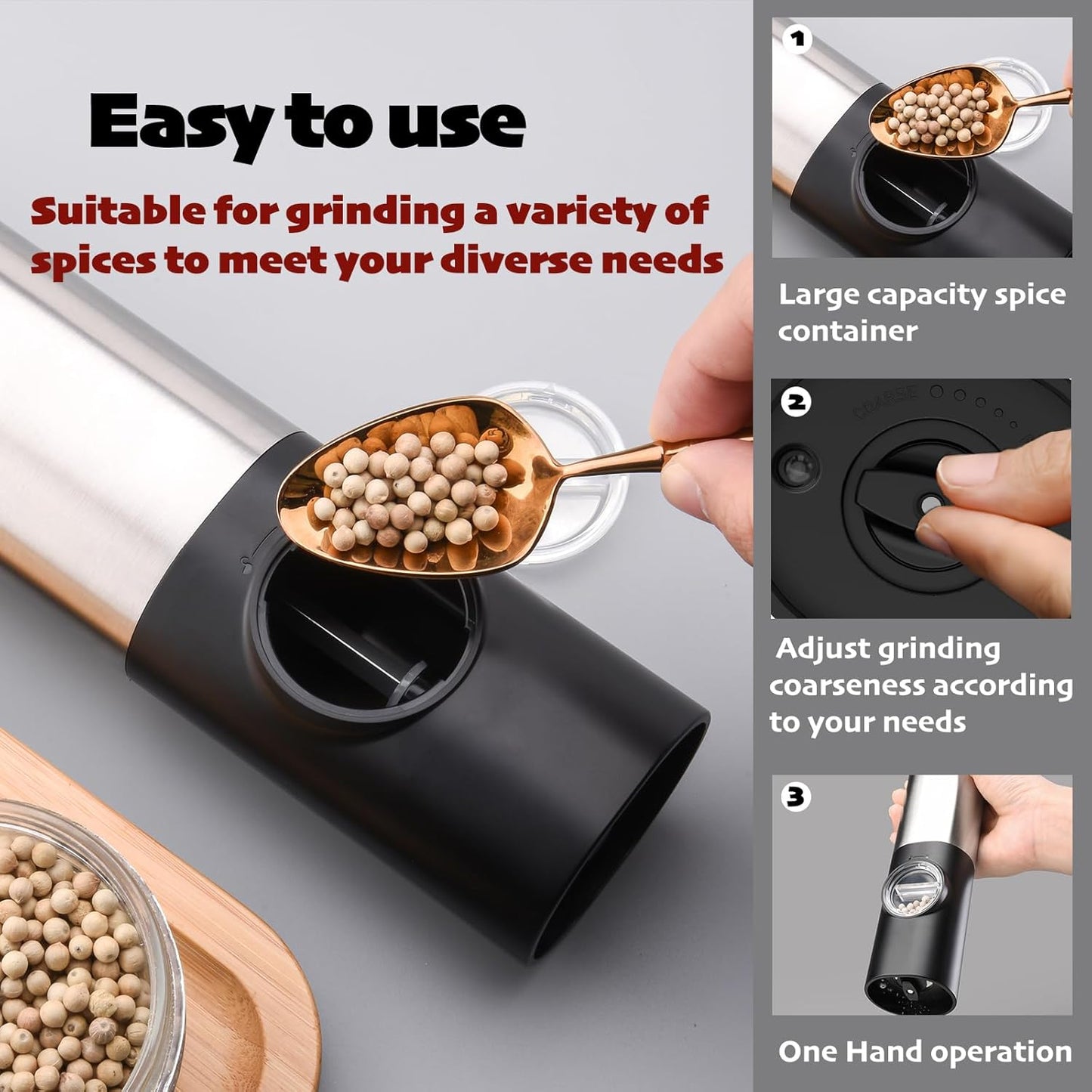 Electric Salt and Pepper Mill Set, USB Rechargeable, with LED Light, Adjustable Grit Grinder, Stainless Steel, Includes Brush