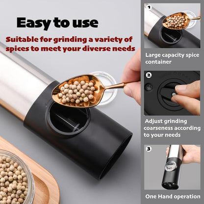 Electric Salt and Pepper Mill Set, USB Rechargeable, with LED Light, Adjustable Grit Grinder, Stainless Steel, Includes Brush