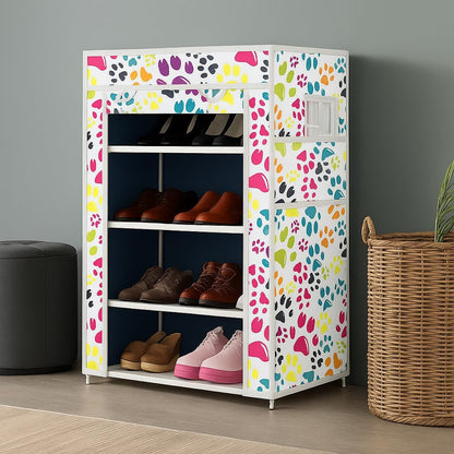 Printed Shoe Rack Multipurpose Collapsible Storage Organizer - 4 Shelves, 1 Side Pocket, Non-Woven Fabric Cabinet (4L-1 Dog Blue)