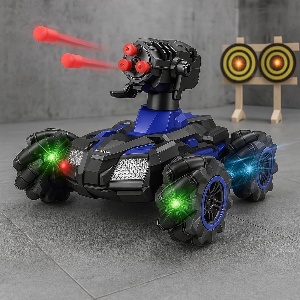 48 Pieces Remote Control blue Tanks with Shooting 180° Rotating Shooting & 360° Rotating Vehicle (climbing rock with shooting safety bullets – colorful LED car toy for boys – Blue)