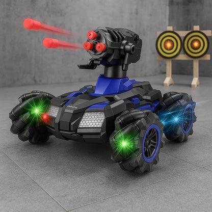 Remote Control blue Tank with Shooting 180° Rotating Shooting & 360° Rotating Vehicle, climbing rock with shooting safety bullets, colorful LED car toy for boys, Blue