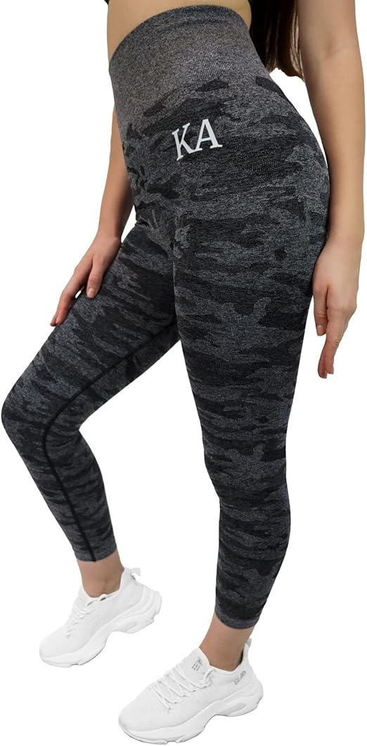 Fitto Seamless Camo Leggings - High Waisted Workout Gym Yoga Camouflage Pants for Women (Medium, Black & Grey)