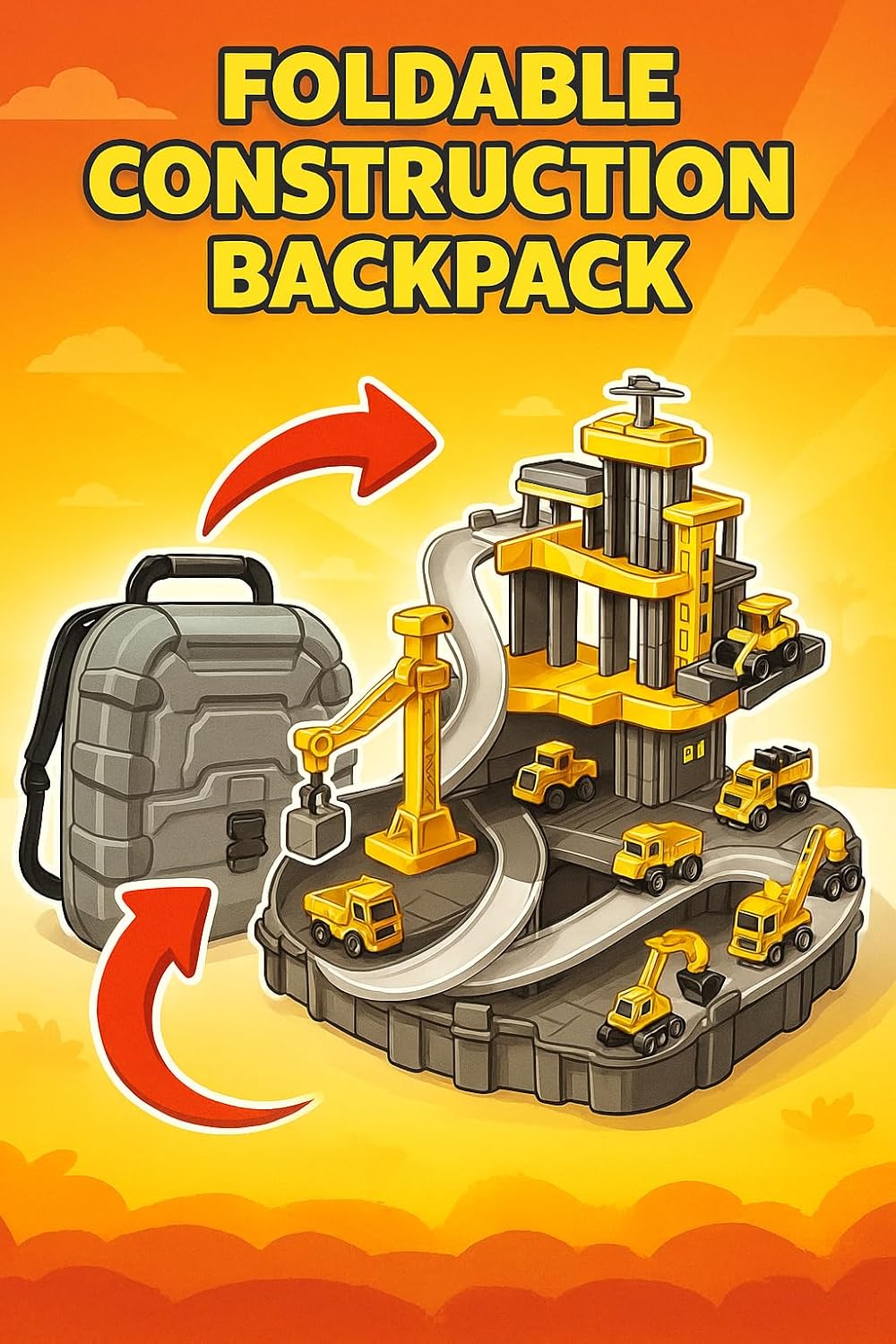 Construction backpack playset Vehicles for Kids - Engineering Construction, Helicopter, Bulldozer, Mixer Toy Great Gifts for 3 to 8+ year old Kids, Yellow