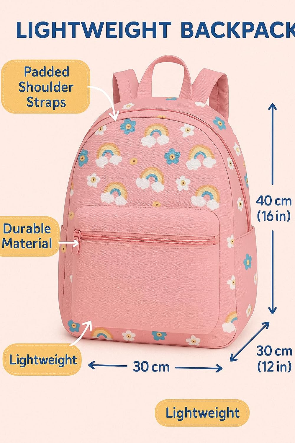 School Bag 40x30cm Pink Lightweight Student Backpack