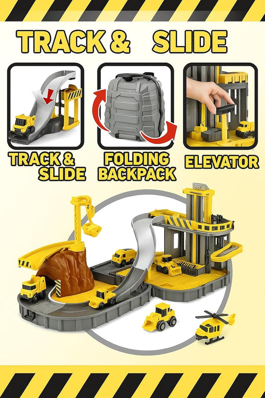 Construction backpack playset Vehicles for Kids - Engineering Construction, Helicopter, Bulldozer, Mixer Toy Great Gifts for 3 to 8+ year old Kids, Yellow