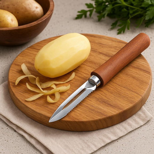 Vegetable Peeler Woody - Stainless Steel, Super-Sharp Blade with Serrated Edge for Right and Left-Handed Use - Ideal for Decorating Root Vegetables - Length: 15 cm