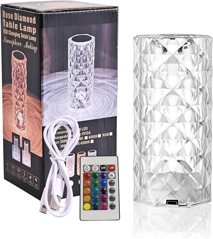 Fitto Crystal Diamond Desk Lamp - 16 Color Changing LED, USB Rechargeable, Touch Control, Decorative Night Light for Home, Bedroom, Office, Ambient Lighting - Elegant Modern Design