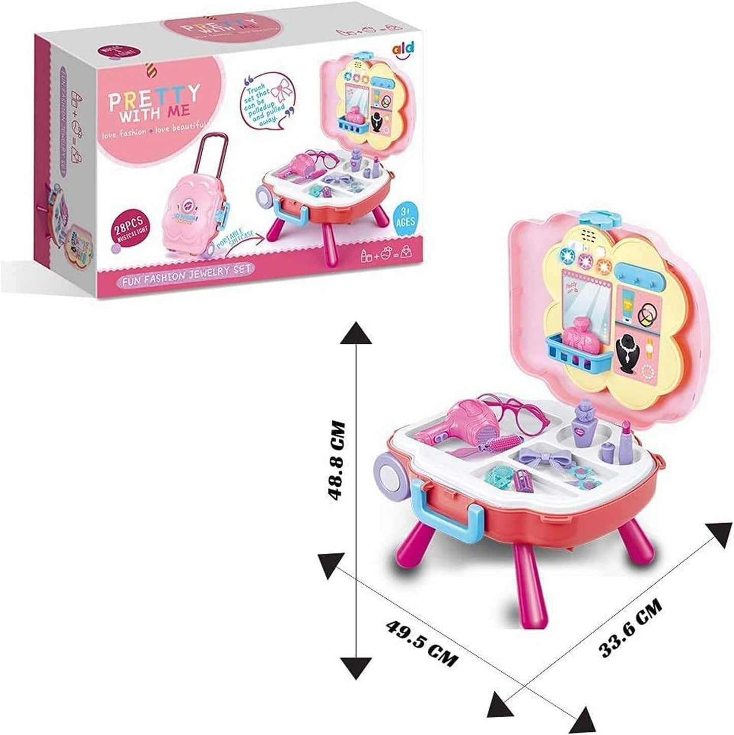 Kidwala 2 In 1 Girls Pretend Play Makeup Bag With Music and Light, Large Rolling Bag, and Table