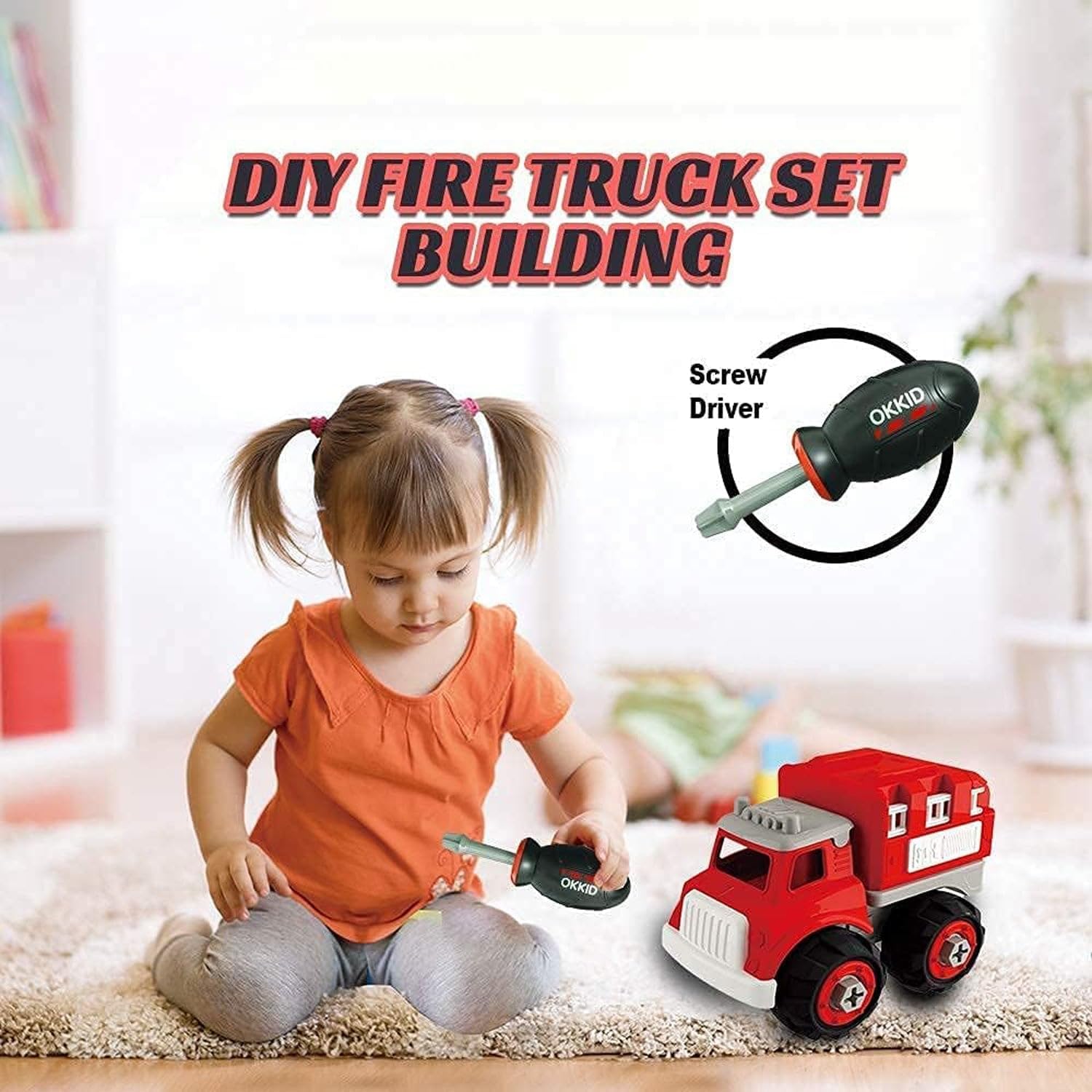 48 Pieces Take Apart Toys Fire Truck Sets for Boys with Screwdriver (Equipment Truck – and Firefighter Helmet Complete Play Kit STEM toys for 3 Year Old)