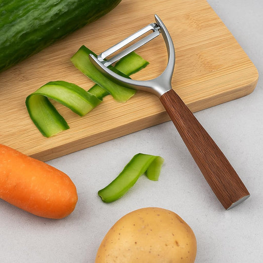 Solid Wood Y-Shape Rotating Vegetable and Fruit Peeler with Comfortable Grip, Stainless Steel Blade for Potatoes, Apples, Carrots, and Cucumbers