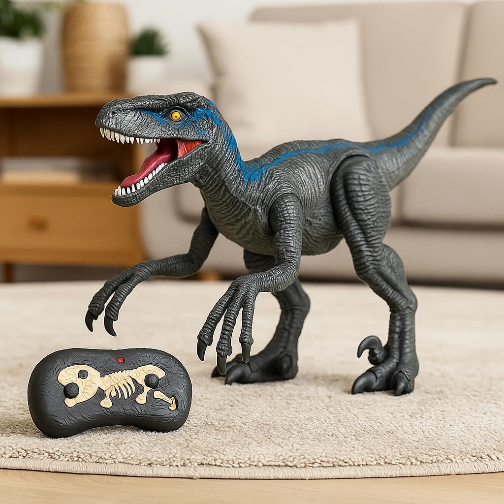 48 Pieces Remote Control Velociraptor Dinosaur Toys with Moving Legs (Glowing Eyes – Rechargeable Battery – Sounds and Light)