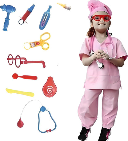 Doctor and Nurse Pink Scrubs Costume Set - Complete Outfit with Hat, Top, Pants, and Glasses - Perfect for Medical-Themed Parties and Halloween