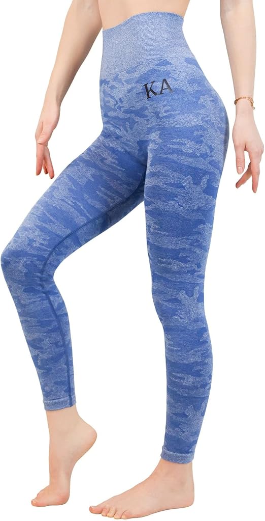 Fitto Seamless Camo Leggings - High Waisted Workout Gym Yoga Camouflage Pants for Women (Medium, Blue)