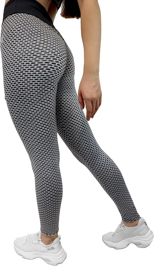 Fitto Chain Patterned Leggings - High Waisted Workout Gym Yoga Honeycomb Pink Pants for Women (Medium, Grey)