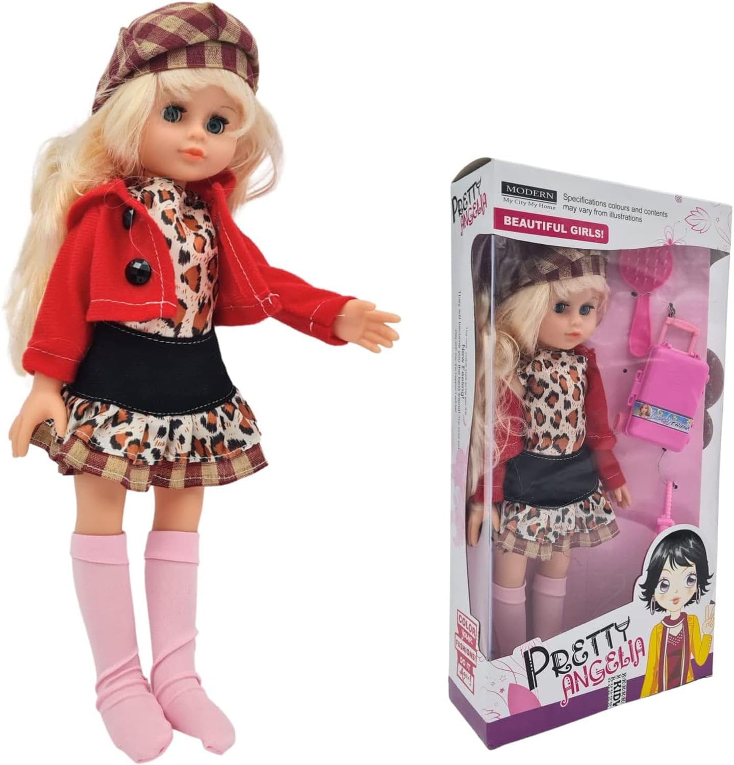 Blond Hair Poseable American Doll with Hat, Leopard Dress & Red Jacket Pretty Doll 14Inch Size with Accessories Toys For Girls