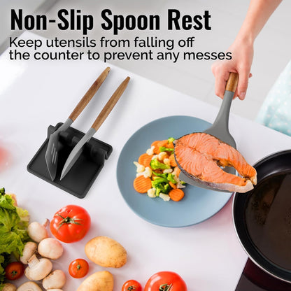 Extra Large Black Silicone Spoon Rest for Stove Top with Drip Pad - Heat-Resistant BPA-Free Utensil Holder for Kitchen Counter (1 Pack)