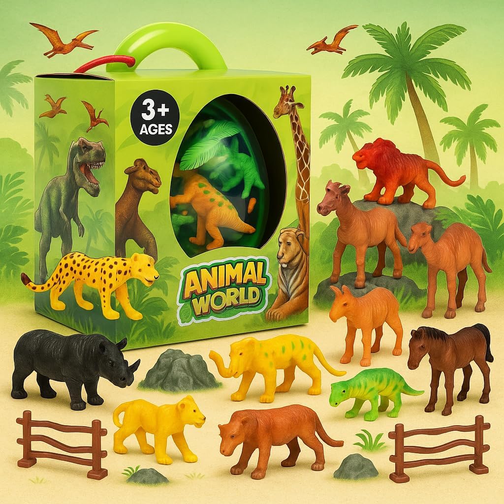 Premium Plastic Animal Toy Set - Includes Hippo, Giraffe, Camel, Horse, Tiger, Lion, Elephant & More - Educational & Fun Wildlife Figures for Kids