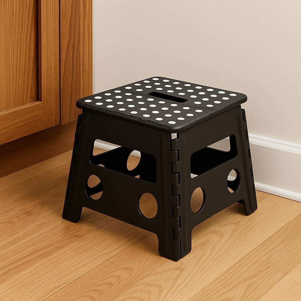 Folding Step Stool for Children & Adults - Lightweight, Multifunctional Plastic Design in Black, Portable and Sturdy for Home, Kitchen, Bathroom, and Outdoor Use