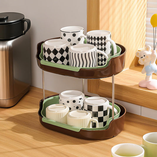 Double Layered Cup Storage Rack – Space-Saving Cream & Brown Design – 2-Tier PP & Stainless Steel