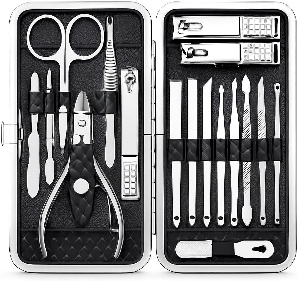Nail Clippers Set, 18-Piece Stainless Steel Professional Manicure and Pedicure Kit, Fingernail & Toenail Clipper Cutters with Luxurious Travel Case, Grooming Tools for Men & Women by