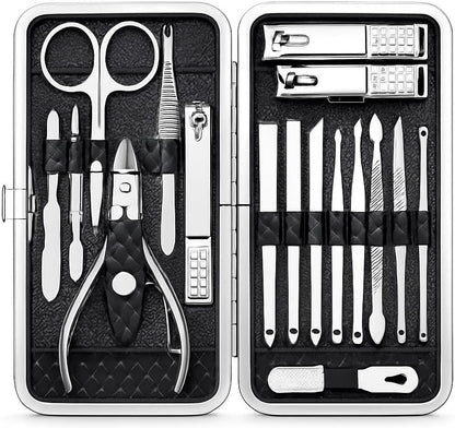 Nail Clippers Set, 18-Piece Stainless Steel Professional Manicure and Pedicure Kit, Fingernail & Toenail Clipper Cutters with Luxurious Travel Case, Grooming Tools for Men & Women by