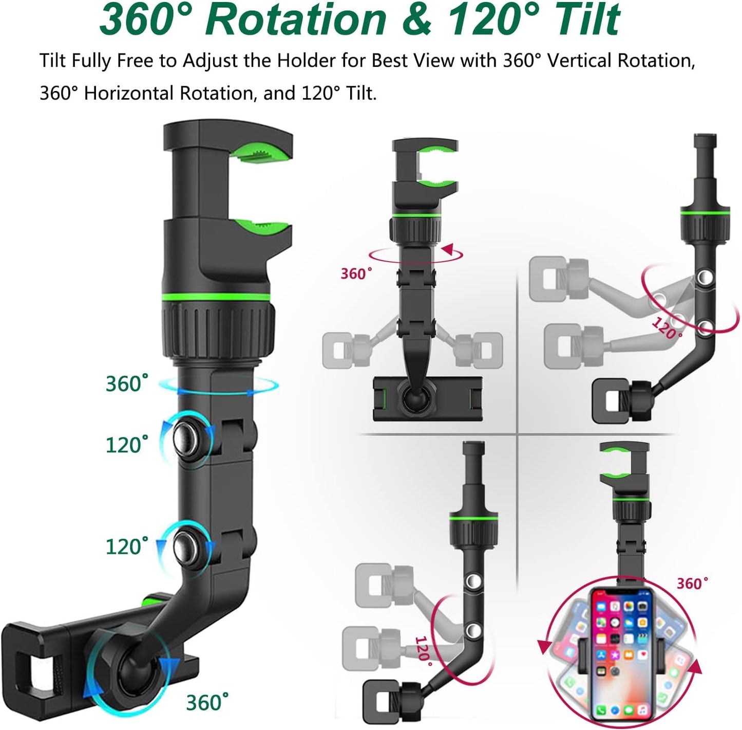 Rearview Mirror Phone Mount Holder, 360° Rotating, Multifunctional, Universal for All Smartphones, Car Phone Holder