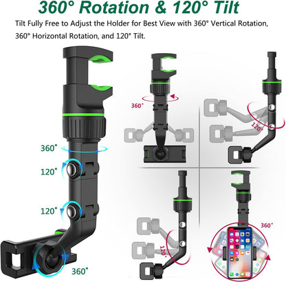 Rearview Mirror Phone Mount Holder, 360° Rotating, Multifunctional, Universal for All Smartphones, Car Phone Holder
