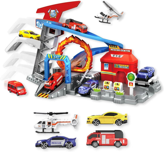 Adventure Rollo Coaster Theme Park Playset with Car Crane, Slide, Stunt Loop, and 4 Die Cast Cars