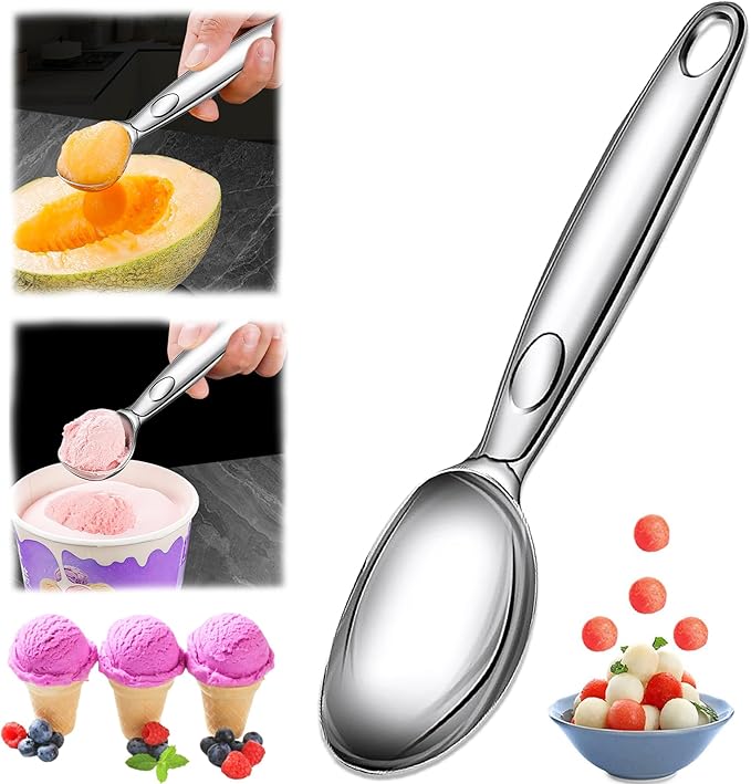 Fitto Oval Ice Cream Scoop - Premium Stainless Steel, Ergonomic Handle, Non-Stick Design, Perfect for Scooping Hard Ice Cream, Melon, Sorbet, Cookie Dough, Dishwasher Safe