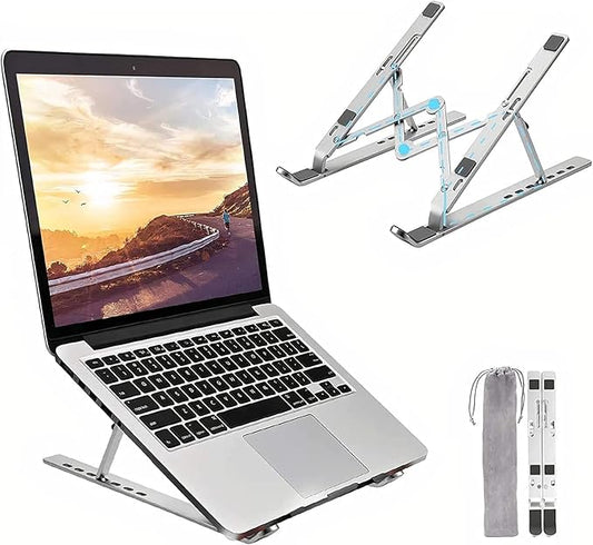 FITTO Aluminum Laptop Stand – Multi-Angle Adjustable & Foldable Portable Laptop Riser with Heat Dissipation, Sturdy Holder for 10-17.3” Laptops, Tablets, and Phones, Lightweight and Durable