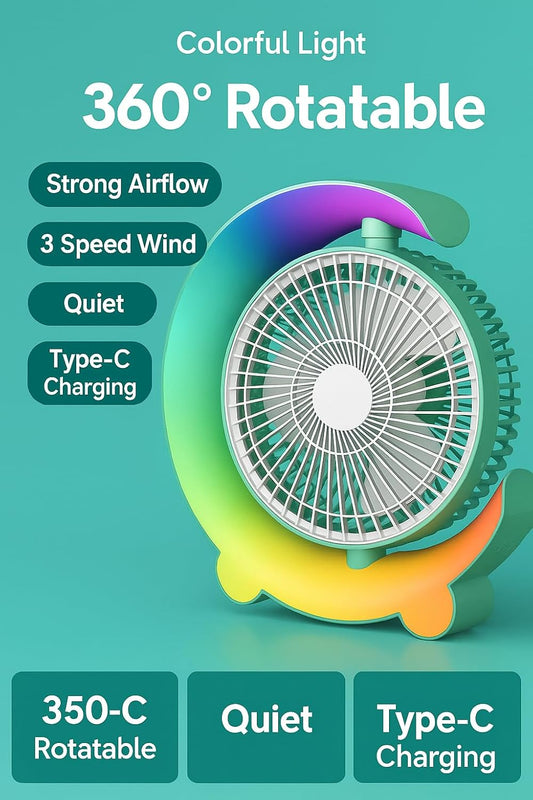 Desk Fan, Strong Airflow, Quiet, 3 Speed Wind, Mini Table Fan, Type-C Charging, Colorful Light, Rotatable