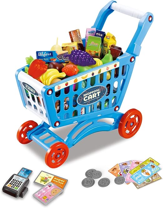 Fitto Kids Shopping Cart Toy Supermarket, 54pcs Playset, Grocery Cart, Credit Card, Pretend Fruit Vegetables, Shop Accessories, Blue