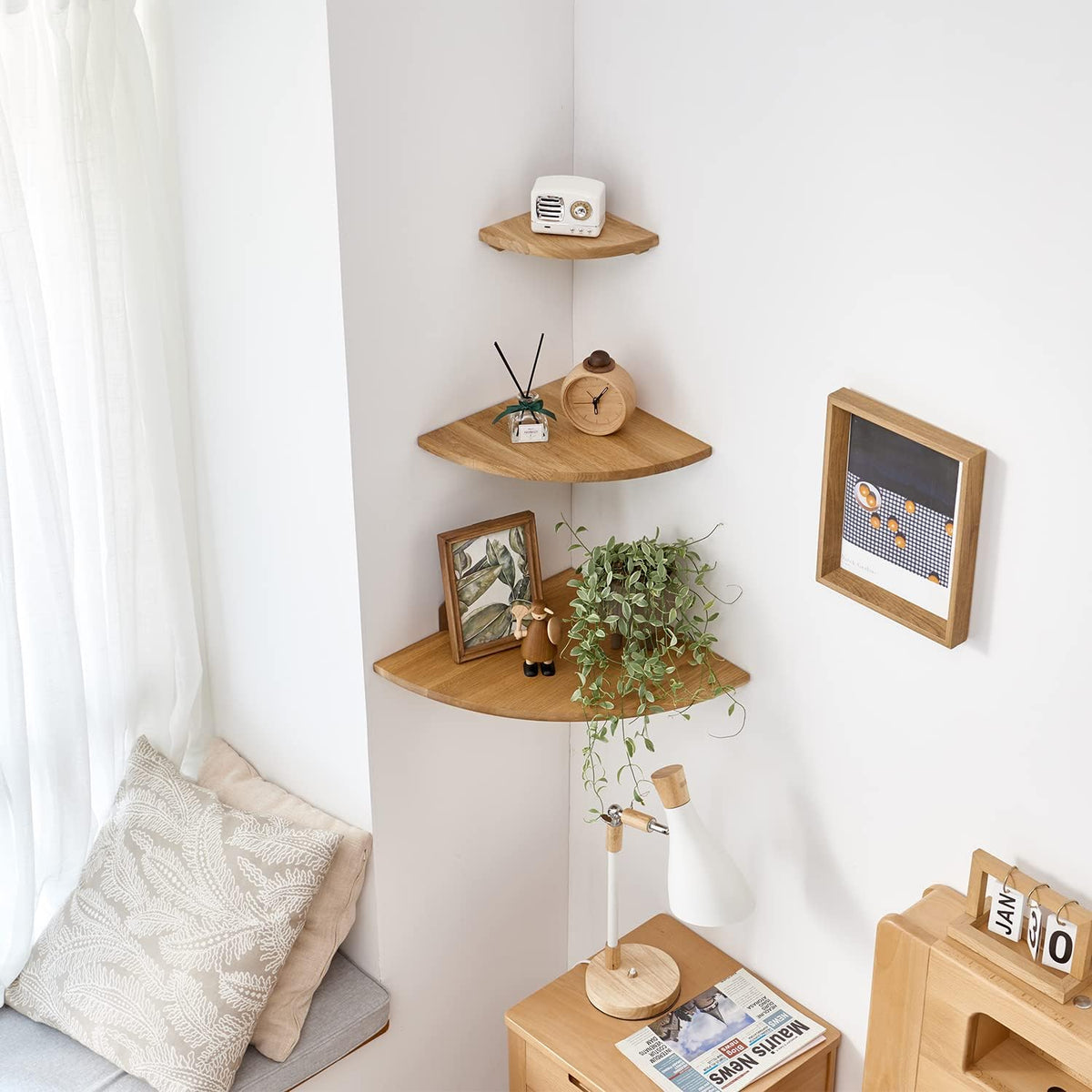 96 Pieces Corner Shelf Wall Mounts (12inch – Oak Wood – Floating – Round End – Small Corner Nightstand – Plant Shelf – For Kitchen Living Room Bedroom)